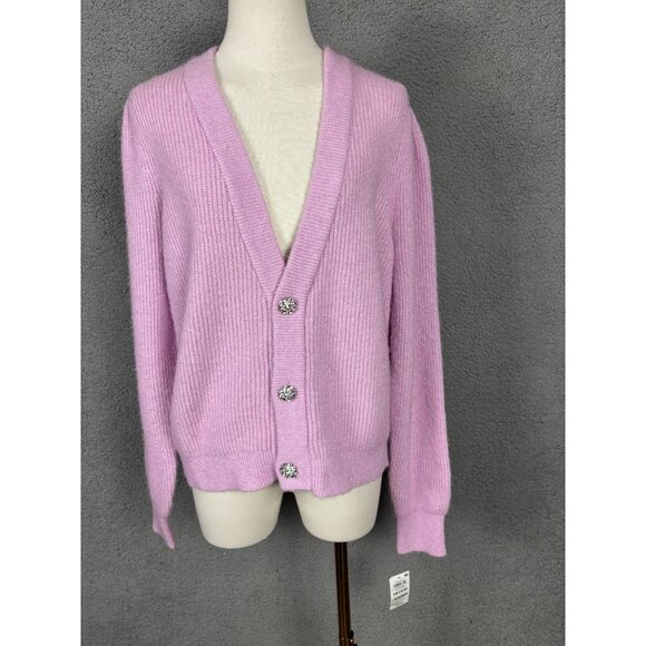 On 34th Women's Puff-Sleeve Jewel-Button Ribbed Cardigan Sweater Pink Medium NWT - Picture 1 of 8